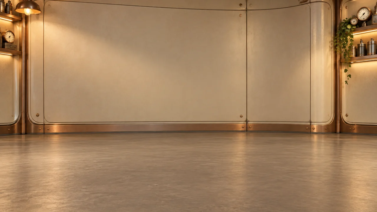 Atelier rétrofuturiste aux murs crème et aux détails cuivrés