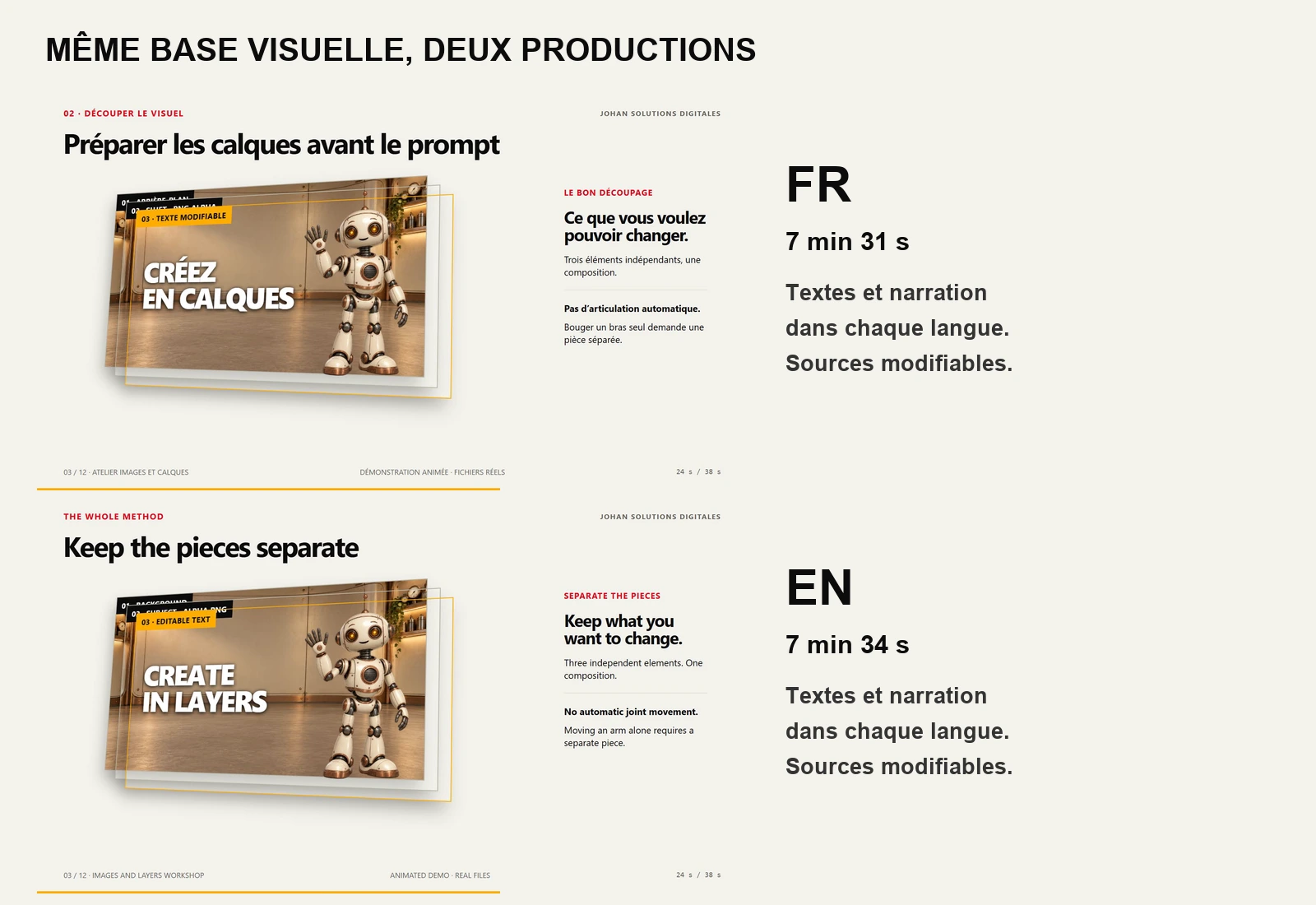 Captures extraites des vidéos finales française et anglaise : même robot, même vue en calques, textes adaptés dans chaque langue.